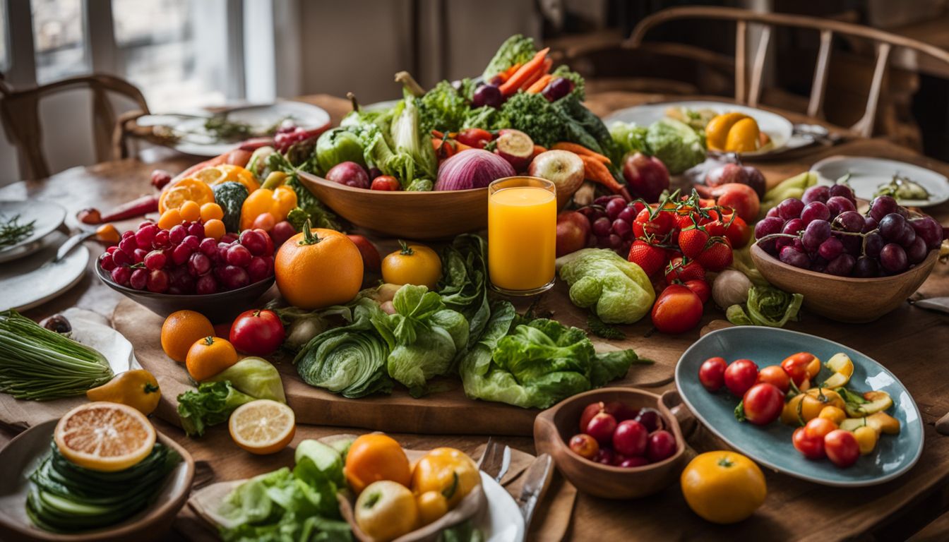 Een kleurrijke verzameling verse groenten en fruit op een eettafel.