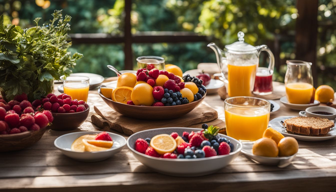 Een keurig georganiseerde ontbijttafel met vers fruit en thee in een rustige tuin.