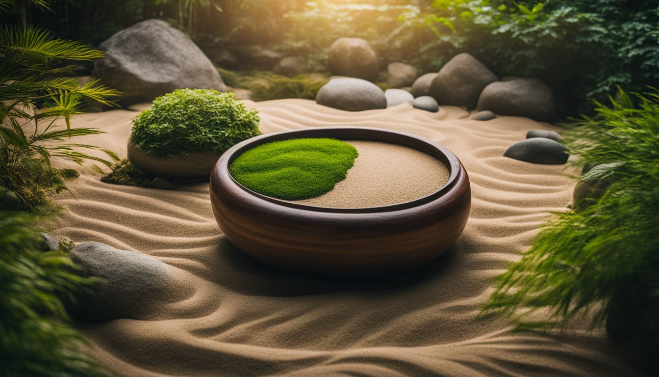 Een rustgevende Zen-tuin met groen en rotsen, omgeven door weelderige vegetatie.