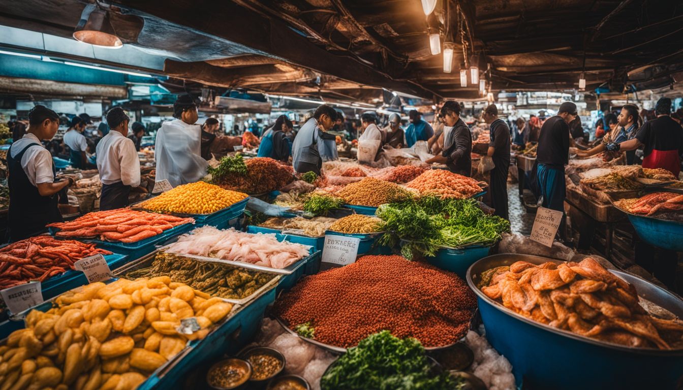 Een drukke vismarkt met kleurrijke zeevruchten en diverse mensen.