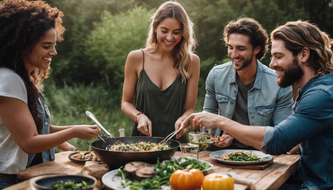 Een diverse groep vrienden geniet van een plantaardige maaltijd in de natuur.