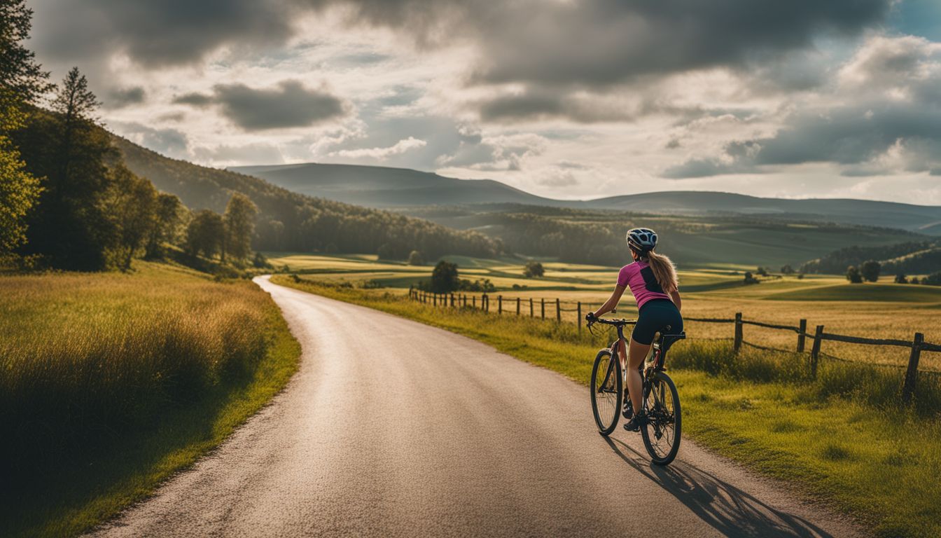 Een vrouw fietst door een schilderachtig platteland, verschillende gezichten, kapsels en outfits.