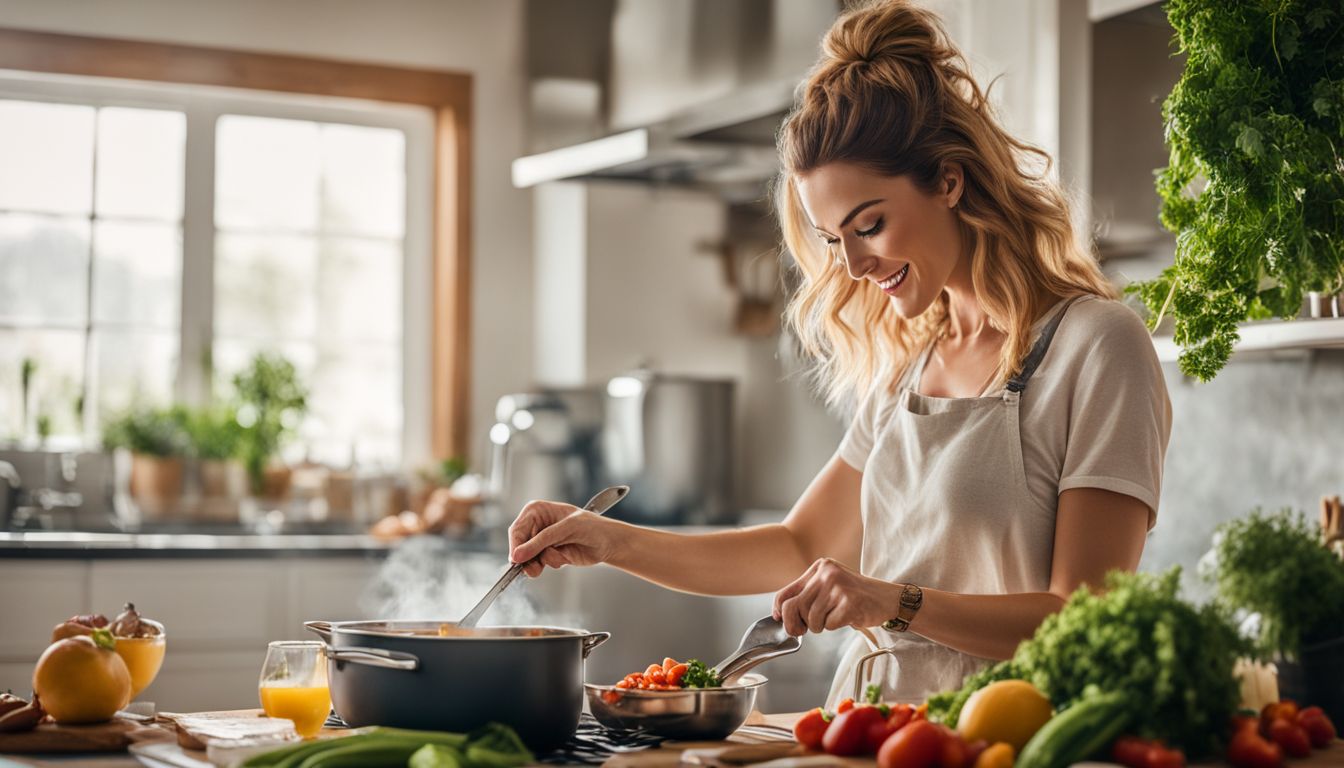 Een vrouw kookt een smakelijke plantaardige maaltijd in een heldere keuken.