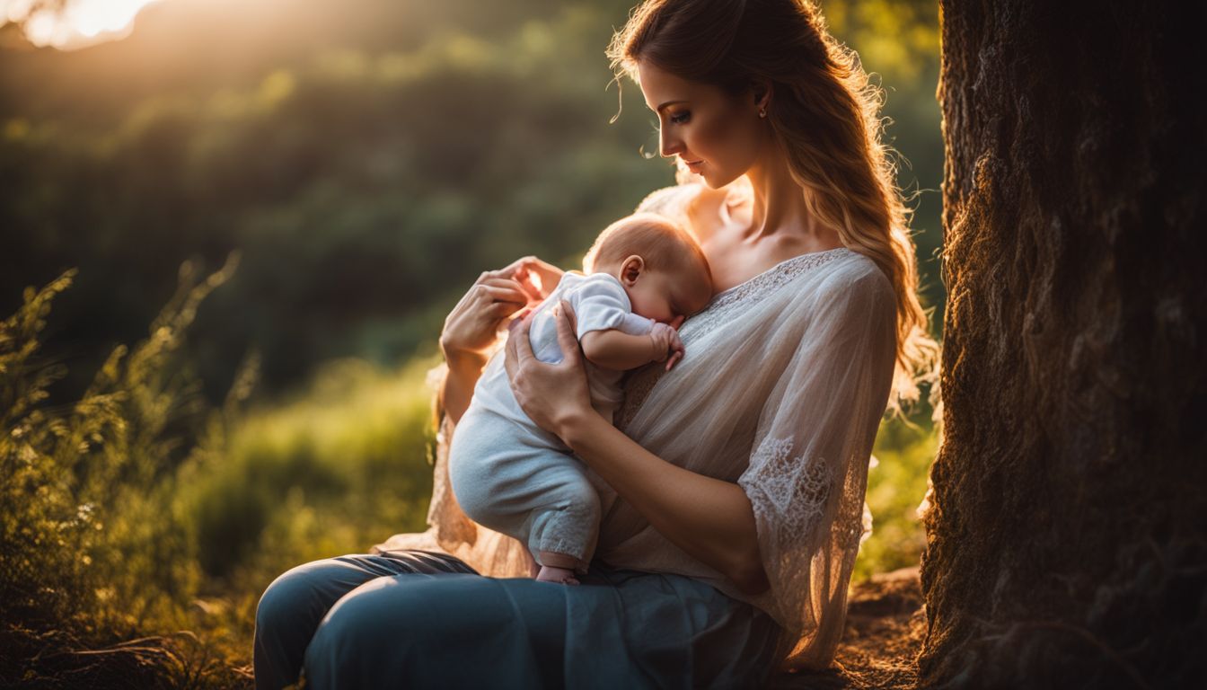 Een moeder voedt haar baby in een kalme natuurlijke omgeving.