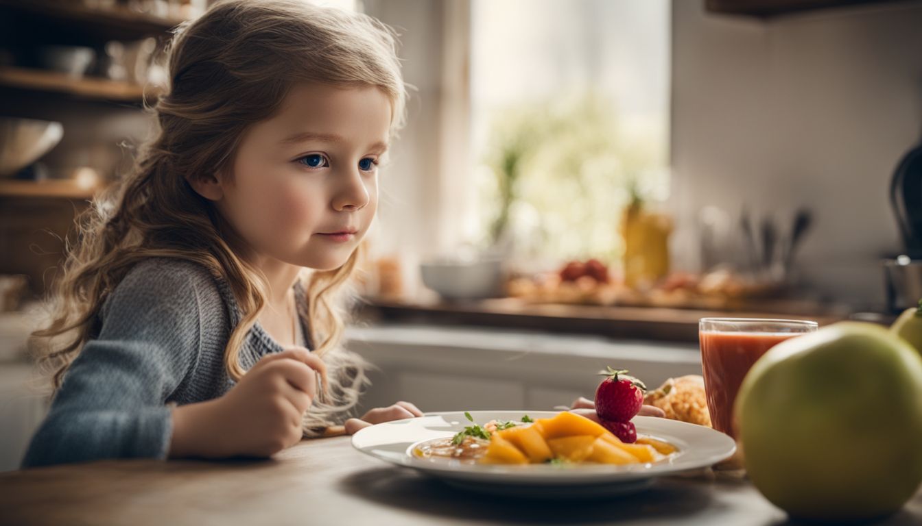 Een leeg kinder bord omringd door onaangeroerd eten in een heldere keuken.