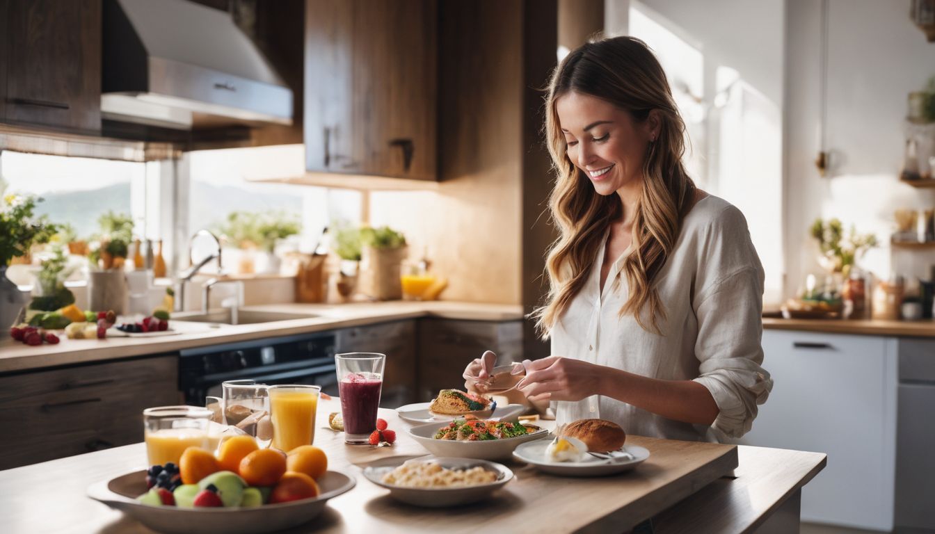 Een persoon geniet van een gezond ontbijt in een heldere, moderne keuken.