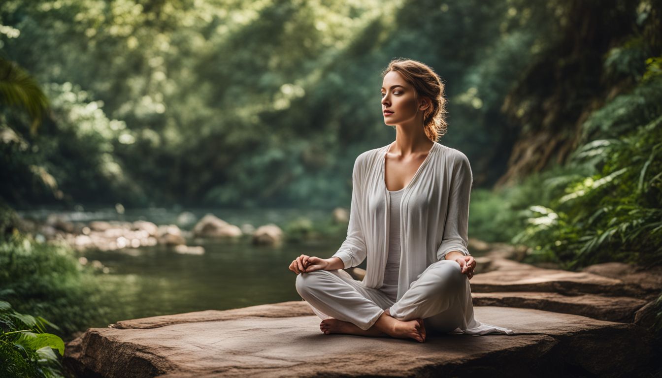 Een persoon beoefent meditatie in een serene natuurlijke omgeving, omringd door weelderig groen.