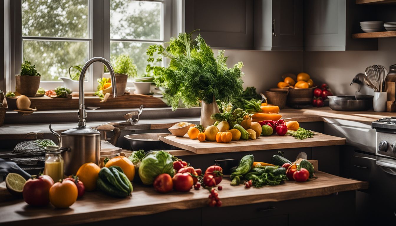 Een keukenblad vol verse groenten en fruit, omringd door kookgerei.