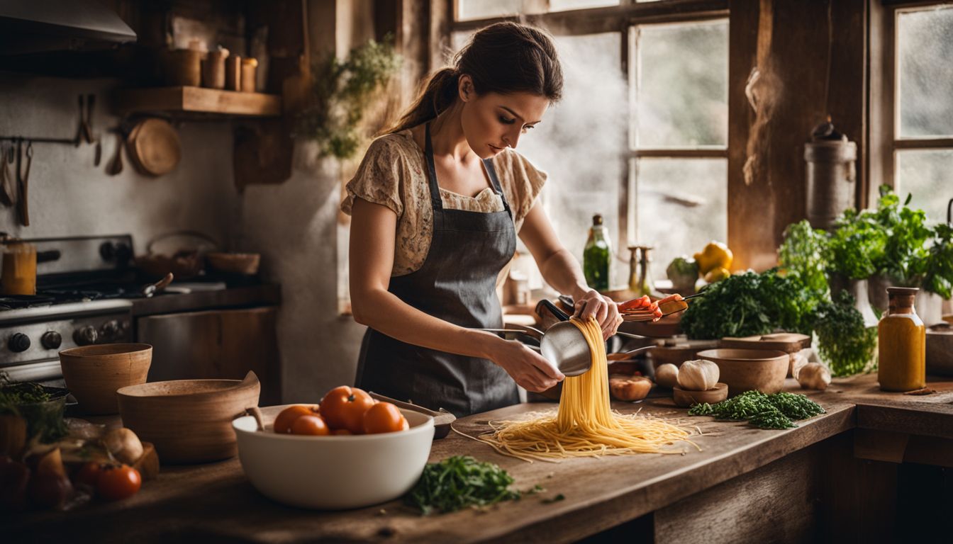 Een vrouw kookt pasta in een rustieke keuken omringd door verse ingrediënten.