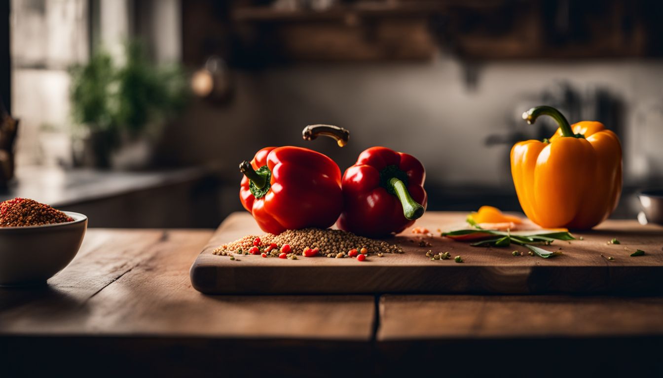 Een foto van gevulde paprika met quinoa en groenten op een houten aanrecht.