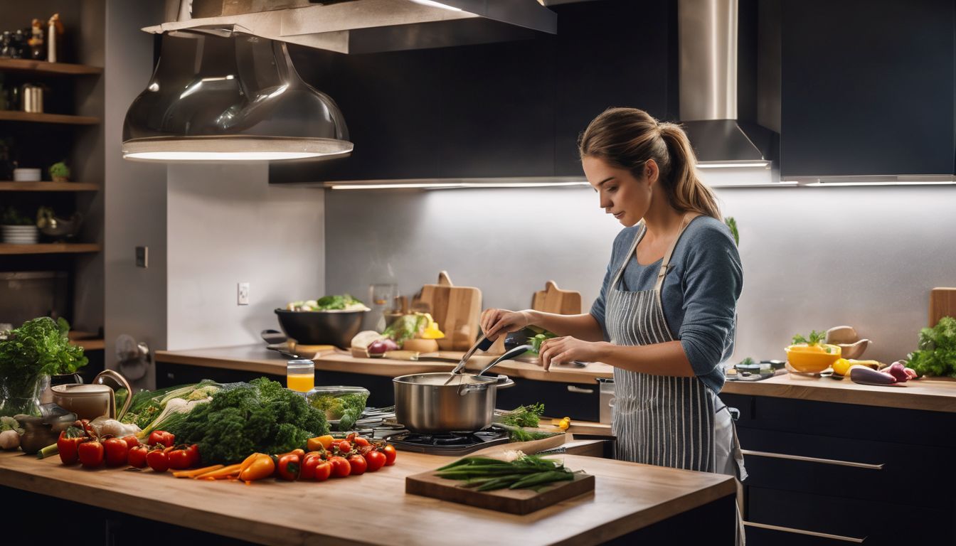 Een persoon kookt Italiaanse kip en groenten in een moderne keuken.