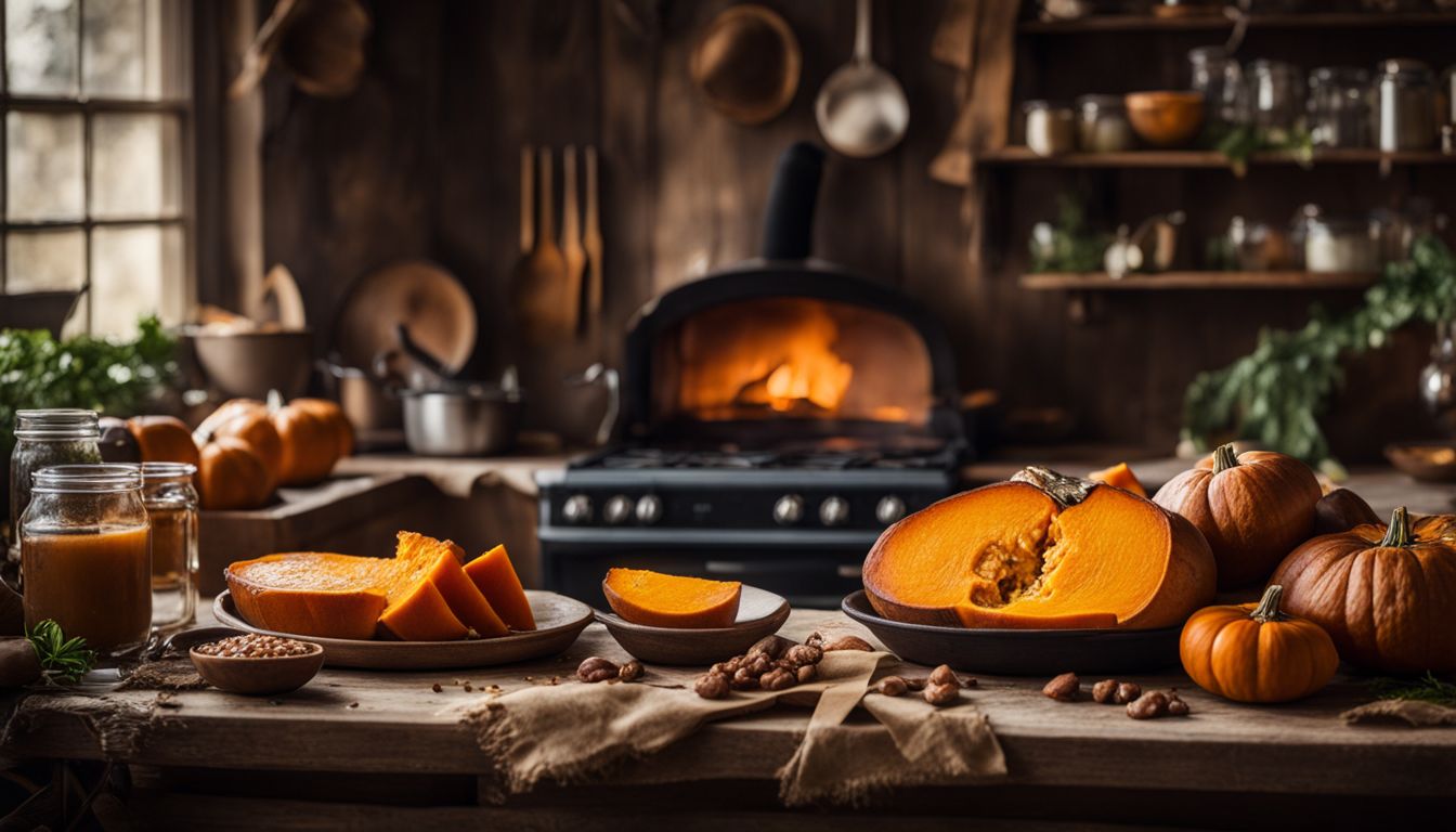 Een foto van geroosterde pompoen in een rustieke keukenomgeving met kookingrediënten.