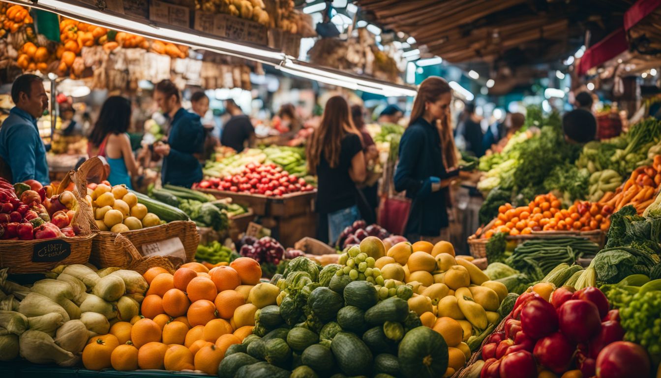 Een kleurrijke verzameling verse groenten en fruit op een levendige markt.