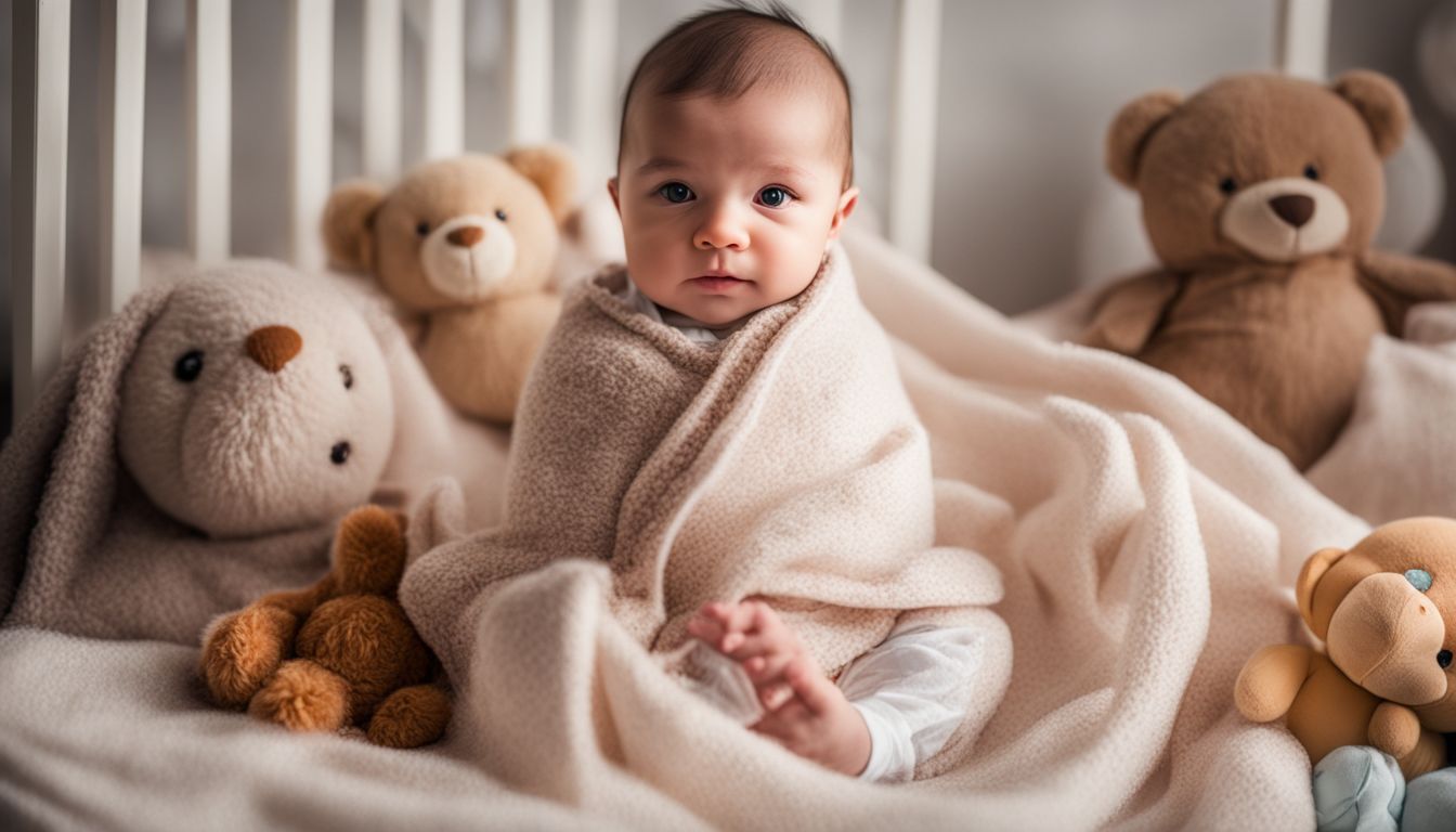 Een pasgeboren baby omringd door zachte dekens en knuffels, houdt een klein flesje vast.