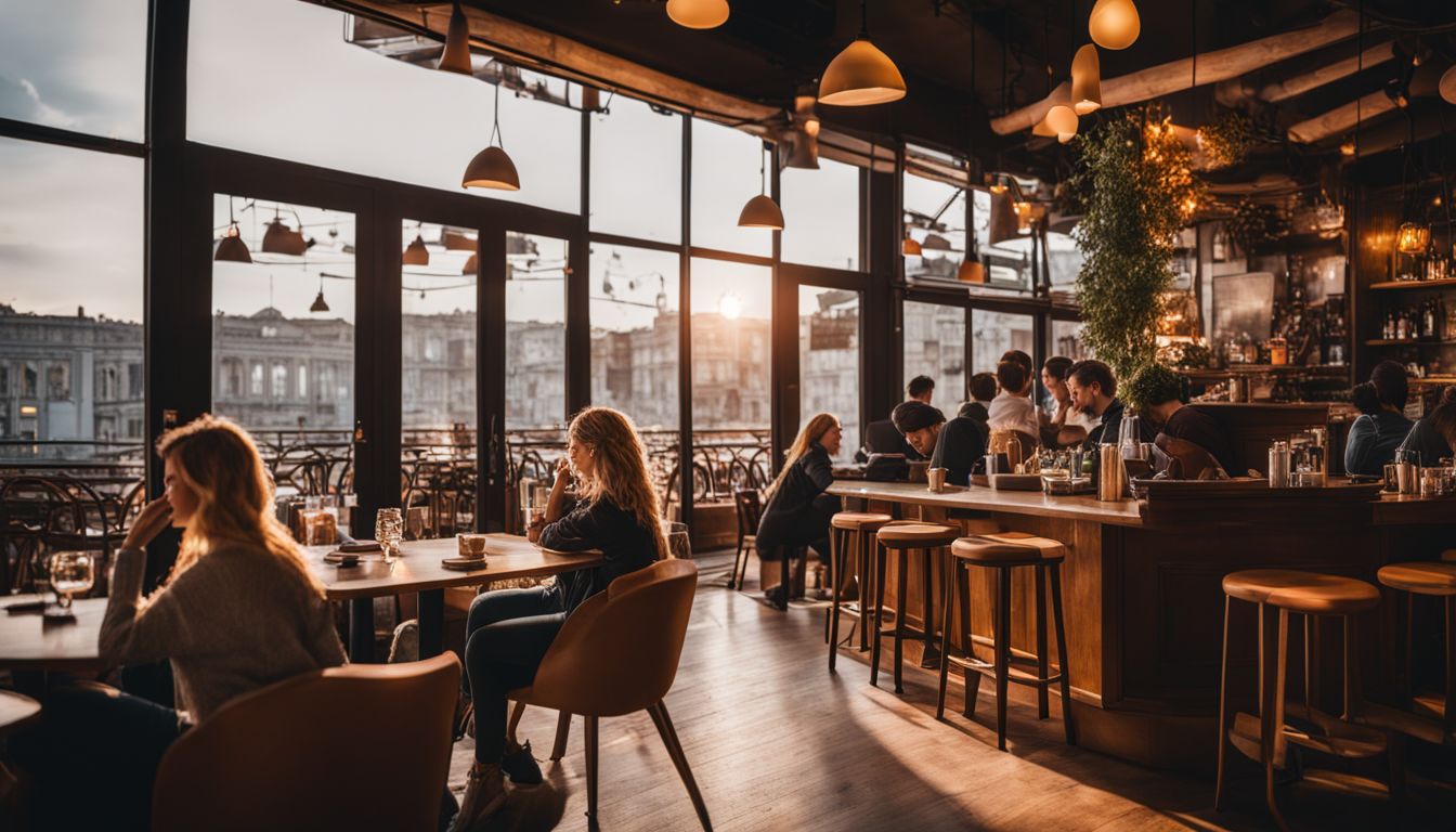 Een knus café met diverse bezoekers en een levendige sfeer.