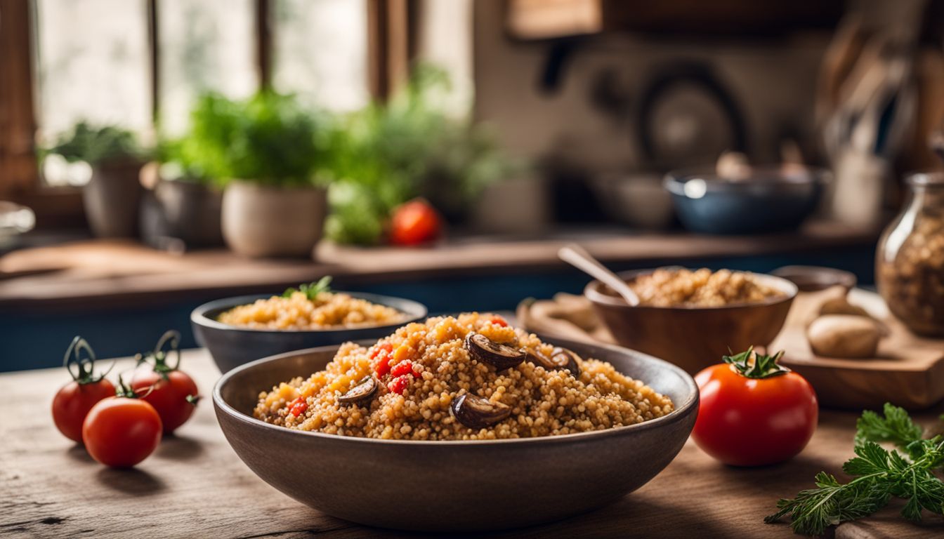 Een rustieke keukentafel met een kom bulgur, champignons, tomaten en walnoten.