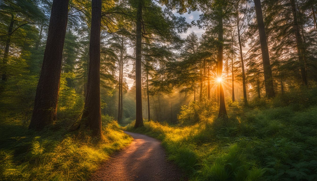 Een levendige zonsopgang boven een rustig bos met een hardlooppad.