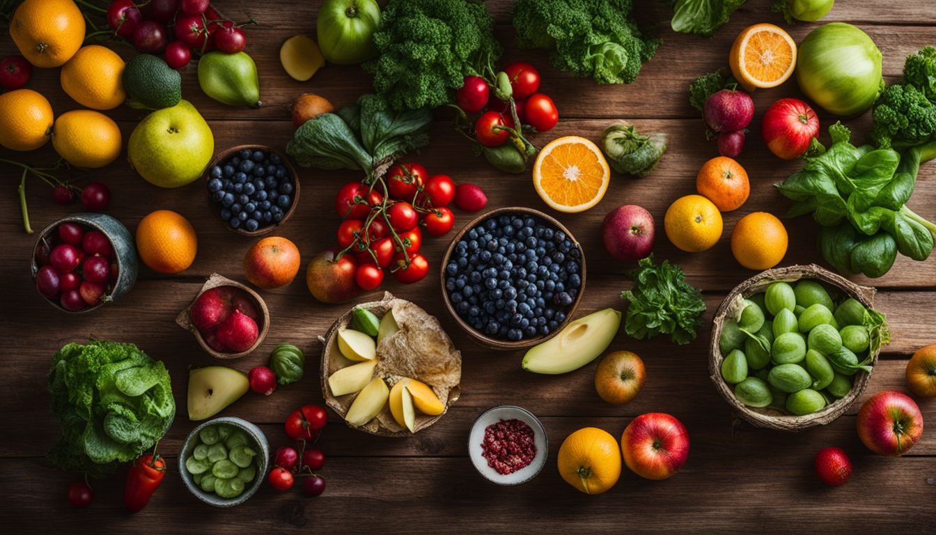 Een tafel vol verse groenten en fruit in een weelderige tuin.