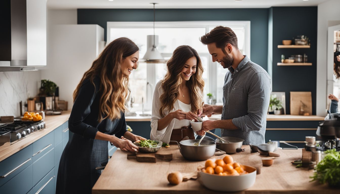 Een vrouw en een man koken samen in een moderne keuken.