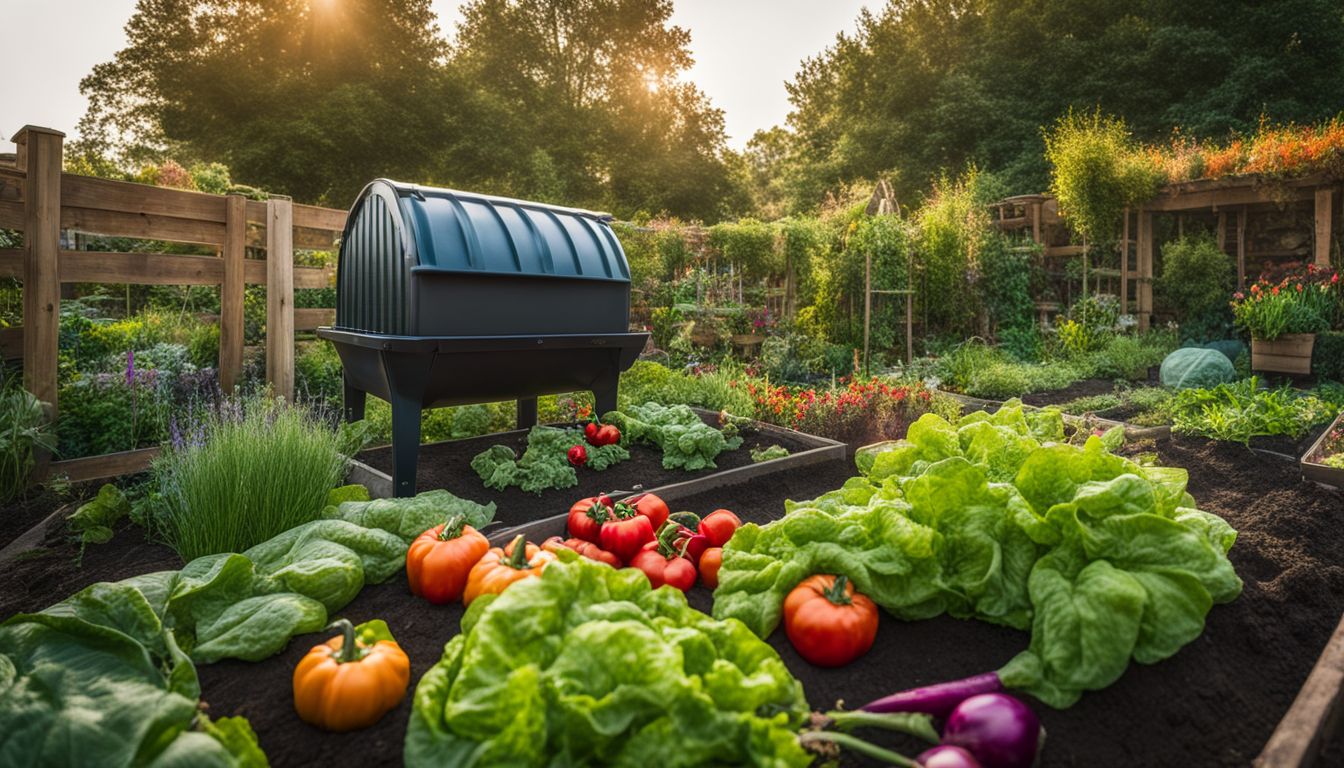 Een levendige moestuin met compostbak, gefotografeerd met een DSLR-camera.