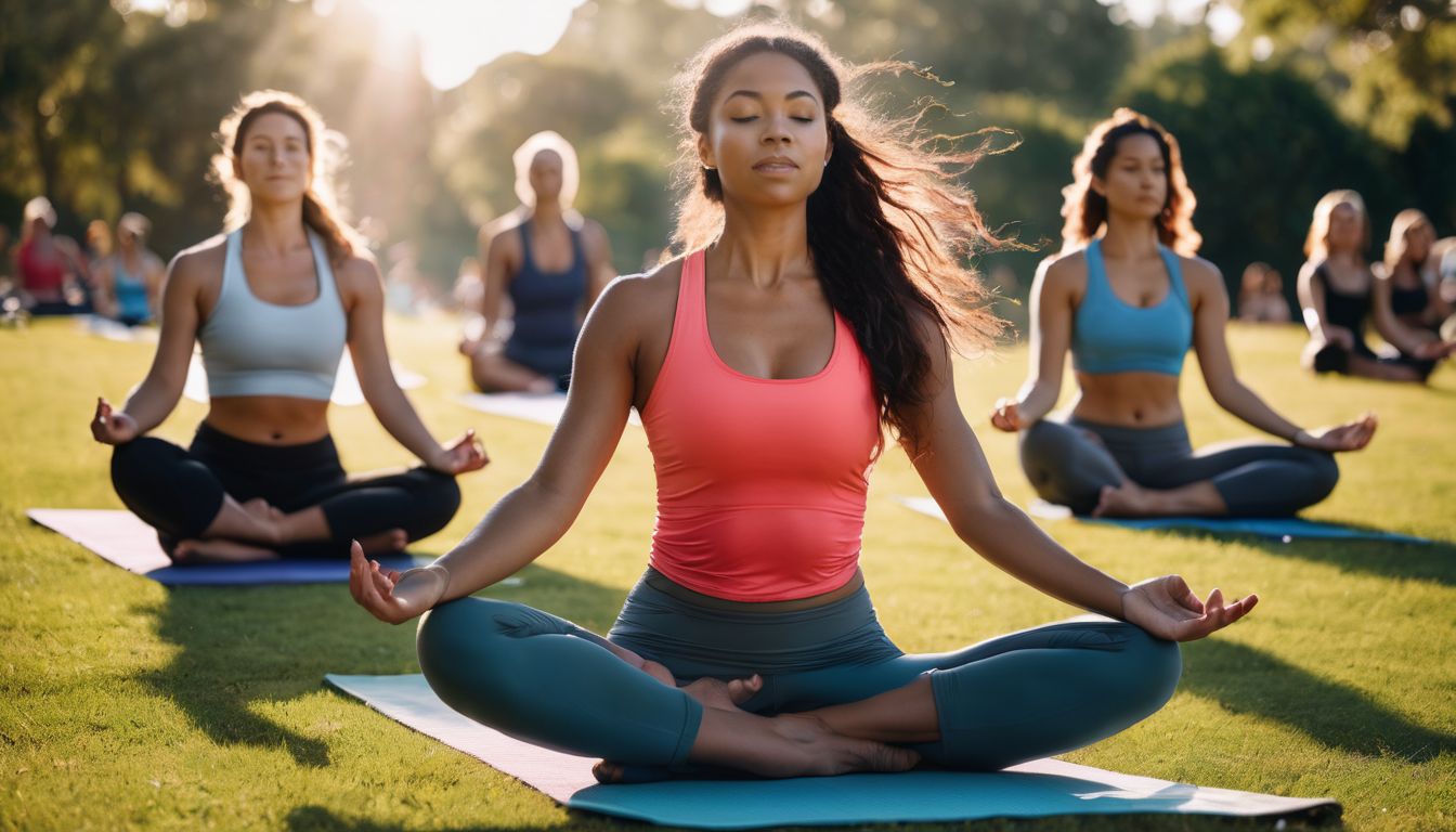 Een groep mensen beoefent yoga in een rustig park.