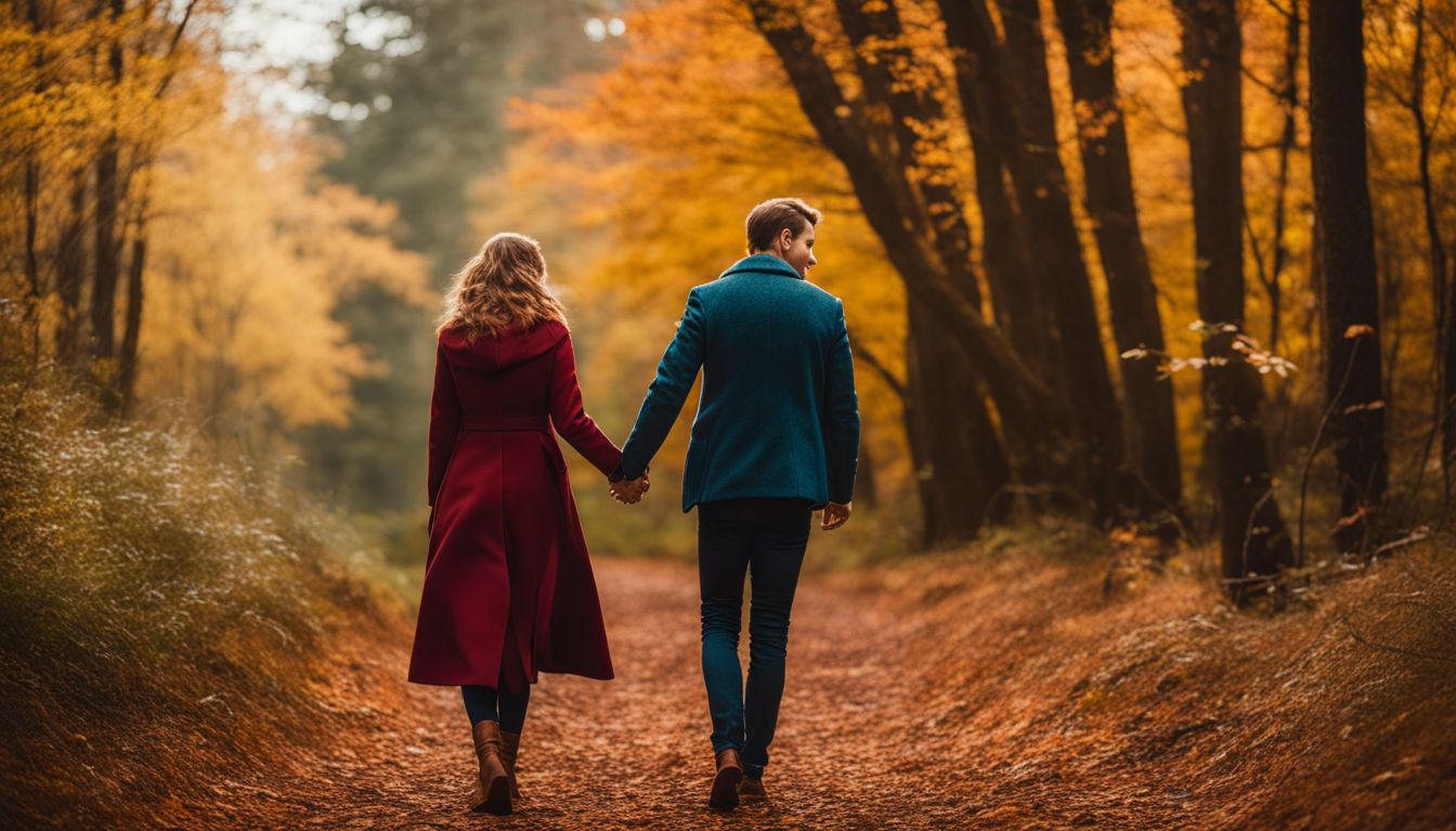 Een man en een vrouw lopen hand in hand door een kleurrijk herfstbos.