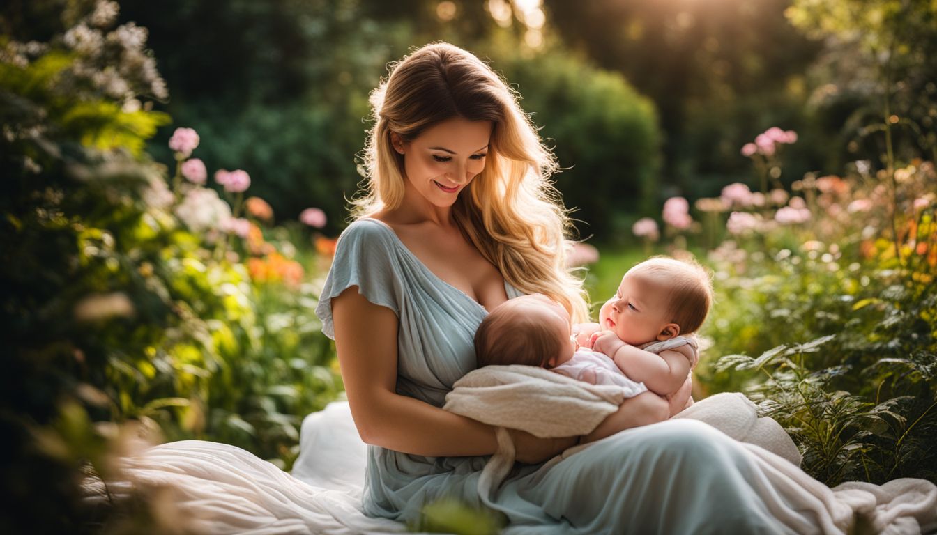 Een moeder voedt haar baby in een vredige tuin.