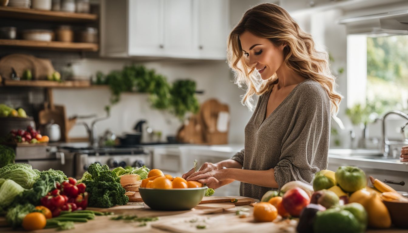 Een vrouw bereidt een gezonde maaltijd in een goed verlichte keuken, omringd door verse groenten en fruit.