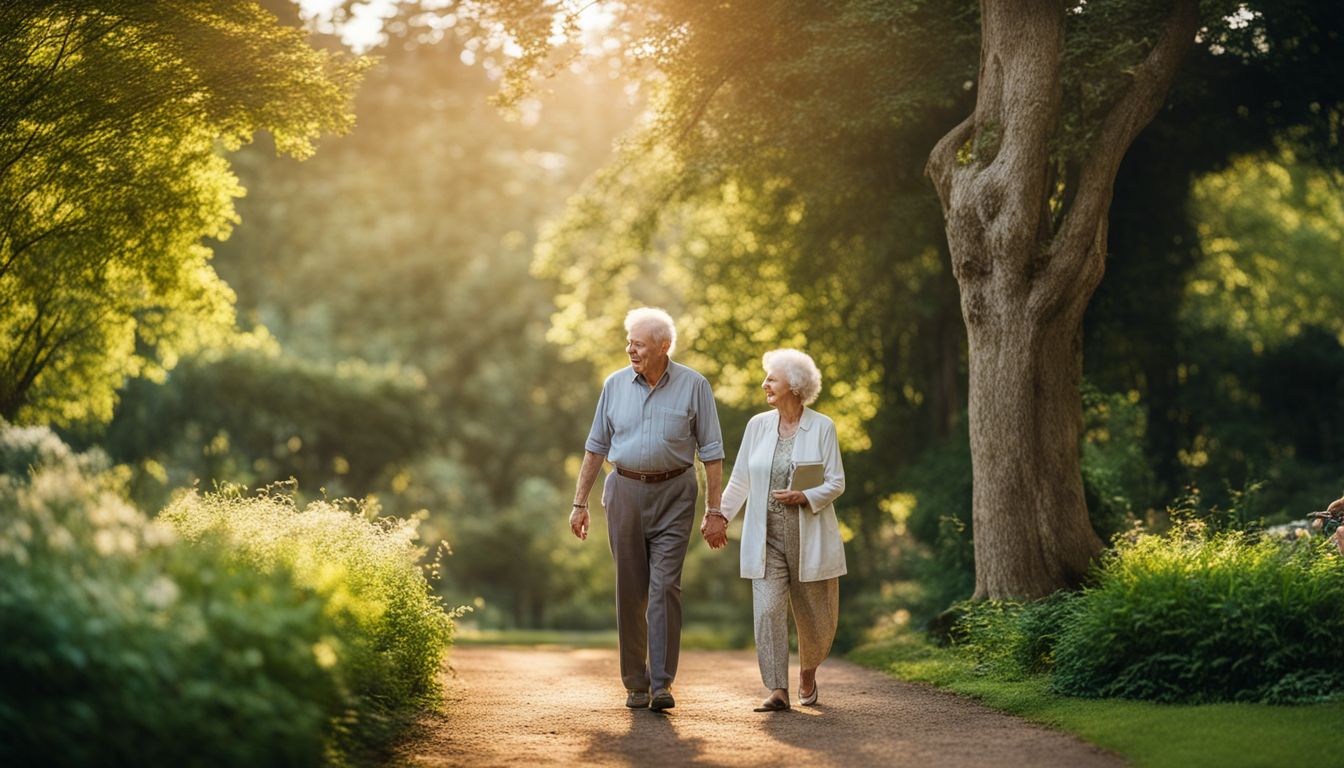 Een oudere man en vrouw wandelen samen in een prachtig park.