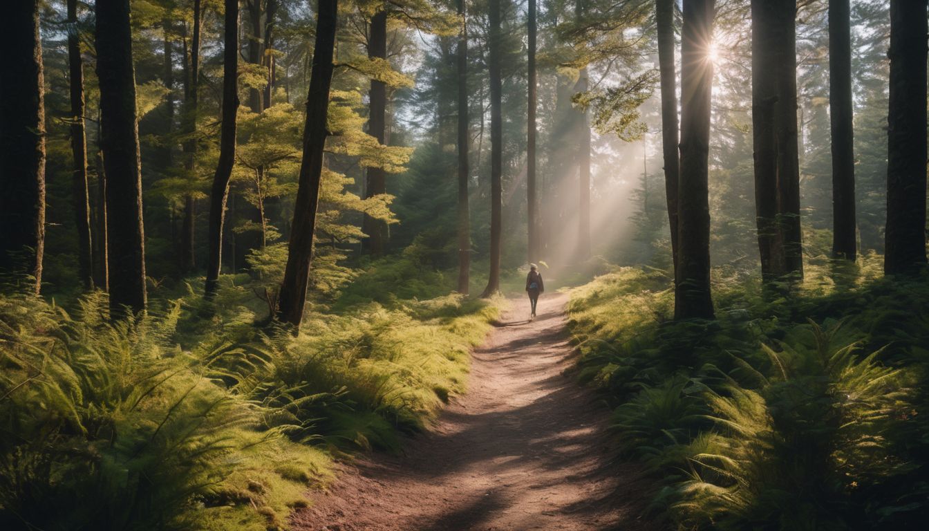 Een persoon wandelt door een rustig bosrijk pad omgeven door de natuur.