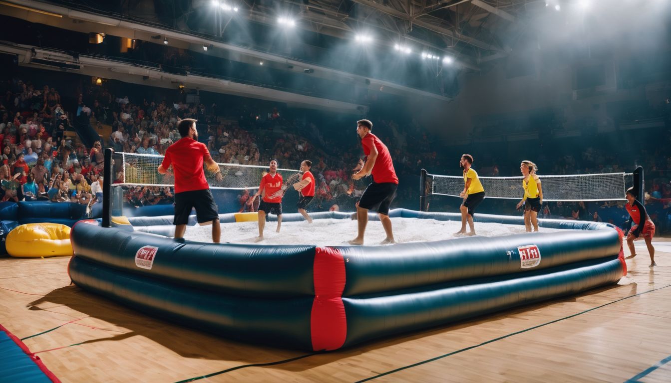 Een groep energieke spelers die deelnemen aan een competitief spel van Bossaball op een opblaasbaar veld.