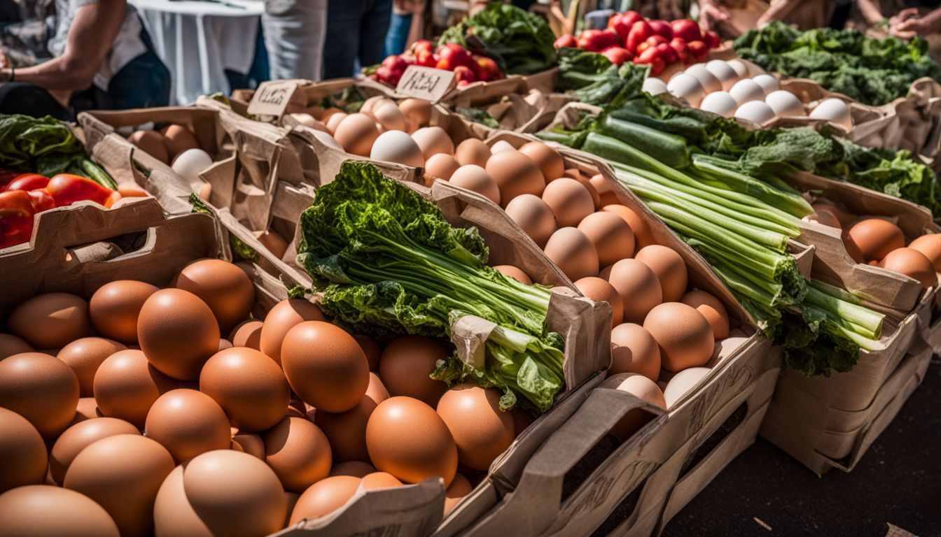 Een doos biologische eieren omringd door kleurrijke groenten op een boerenmarkt.