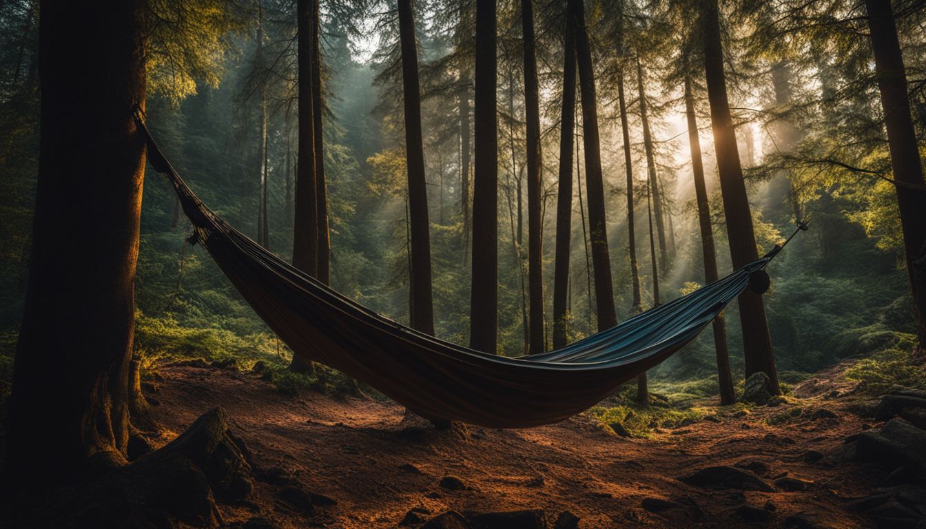 Een sereen bos met een hangmat tussen de bomen.