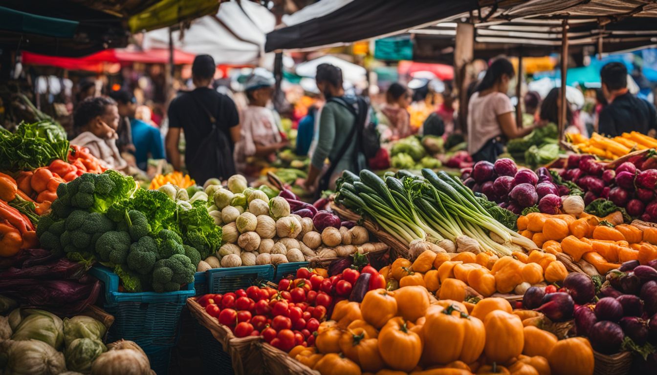 Een assortiment kleurrijke groenten op een levendige markt.