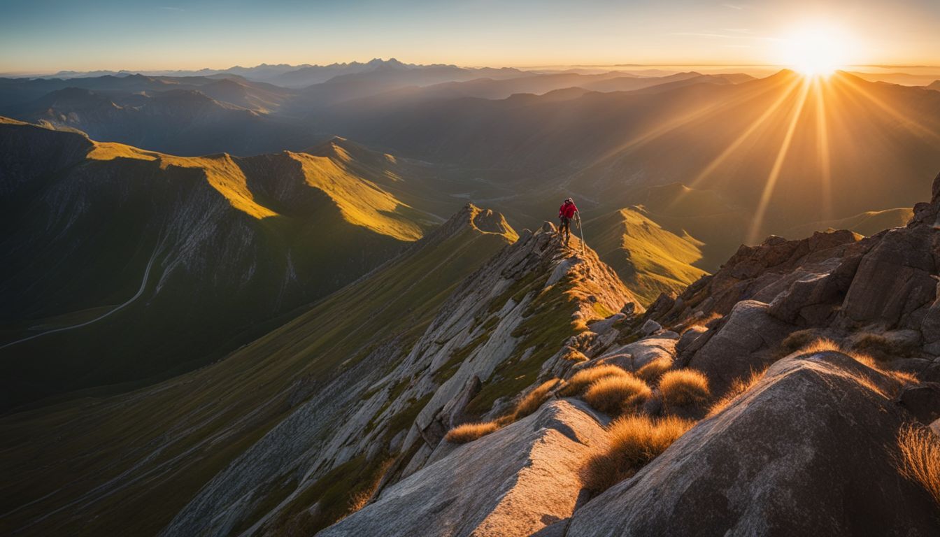 Een opgewonden rotsklimmer die een steile bergtop beklimt bij zonsondergang.