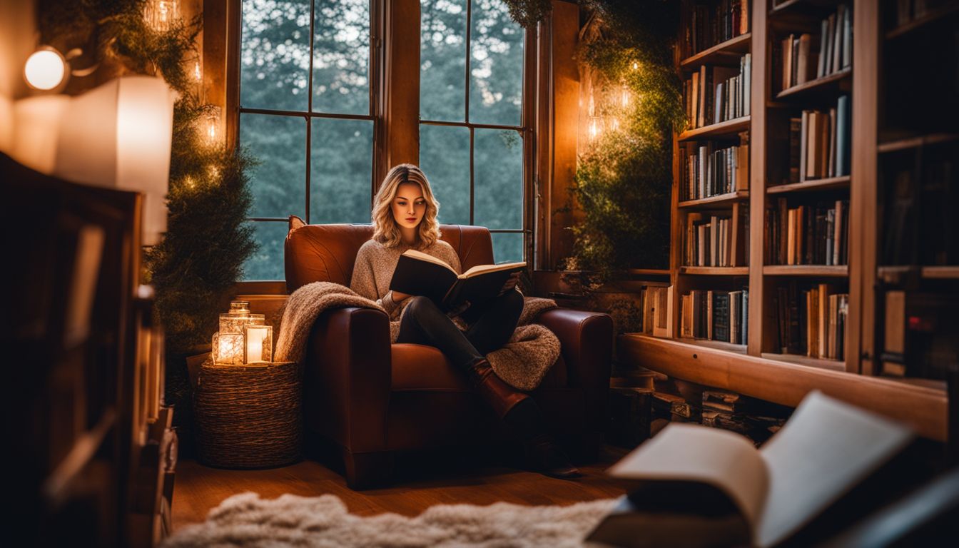 Een gezellige leeshoek met een comfortabele stoel en een stapel boeken.