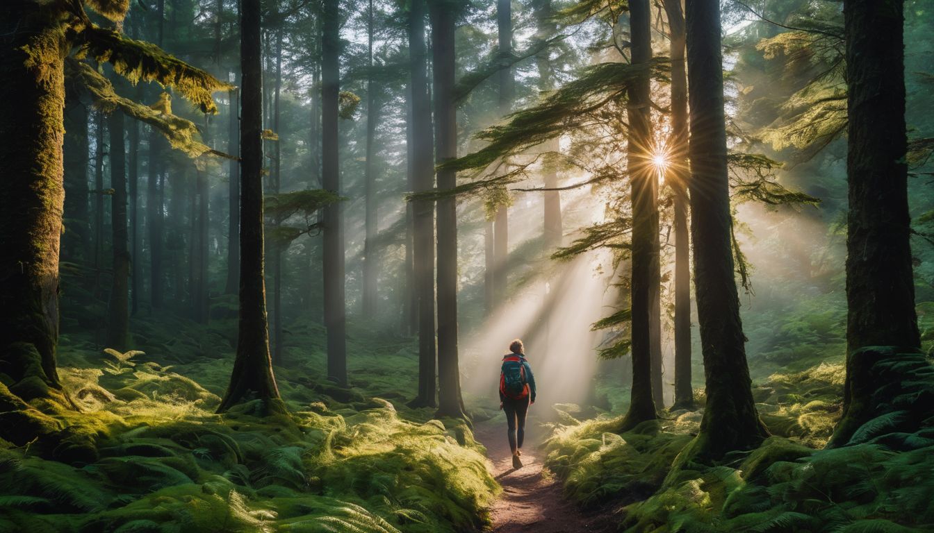 Een persoon wandelt door een weelderig bos met zonlicht filtering.