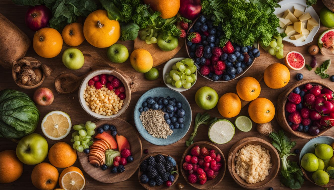 Een tafel vol met gezonde voedingsmiddelen omringd door kleurrijke groenten en fruit.