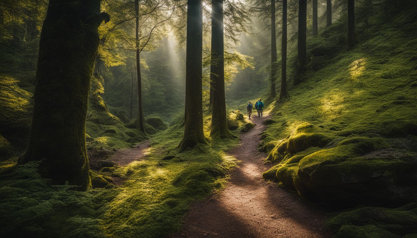 Een rustig boslandschap met een kronkelend wandelpad en diverse mensen.