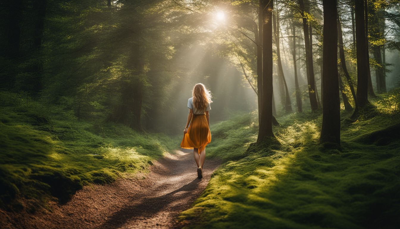 Een vrouw wandelt door een vredig bos met groene omgeving.