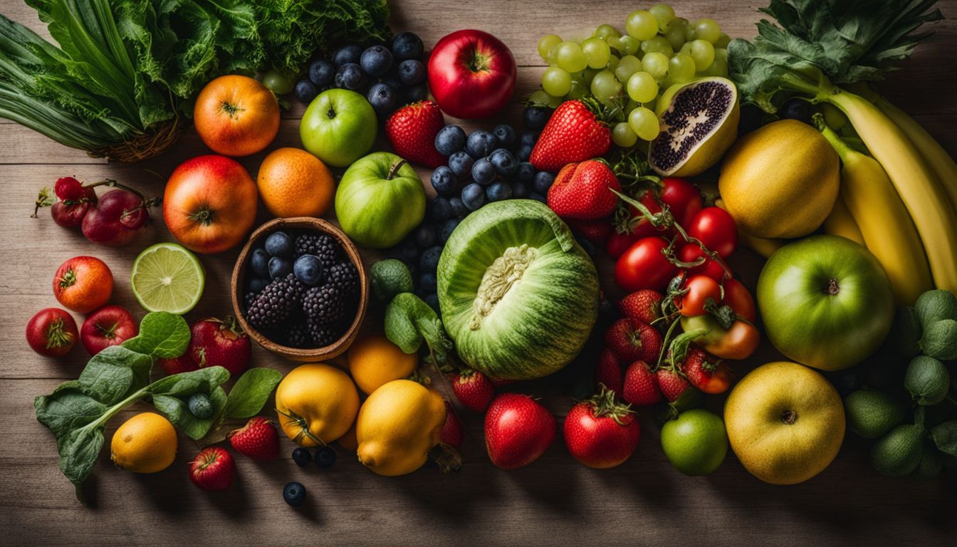 Een foto van diverse soorten fruit en groenten in verschillende rijpingsstadia, omringd door natuurlijke groenheid.