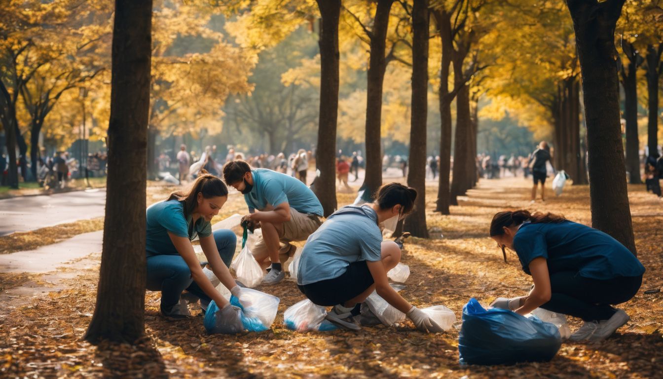 Een groep mensen die afval opruimen in een stadspark.