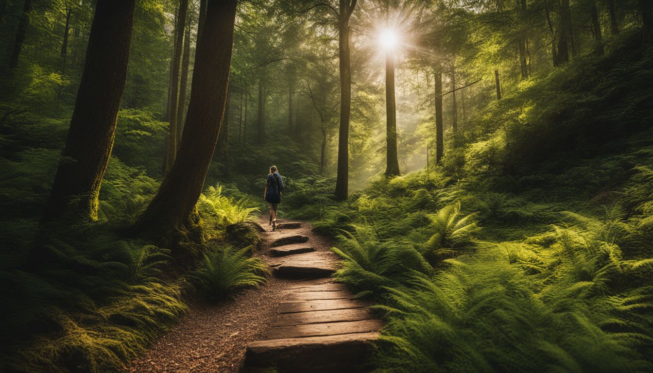 Een vredig wandelpad in een weelderig bos met verschillende mensen.