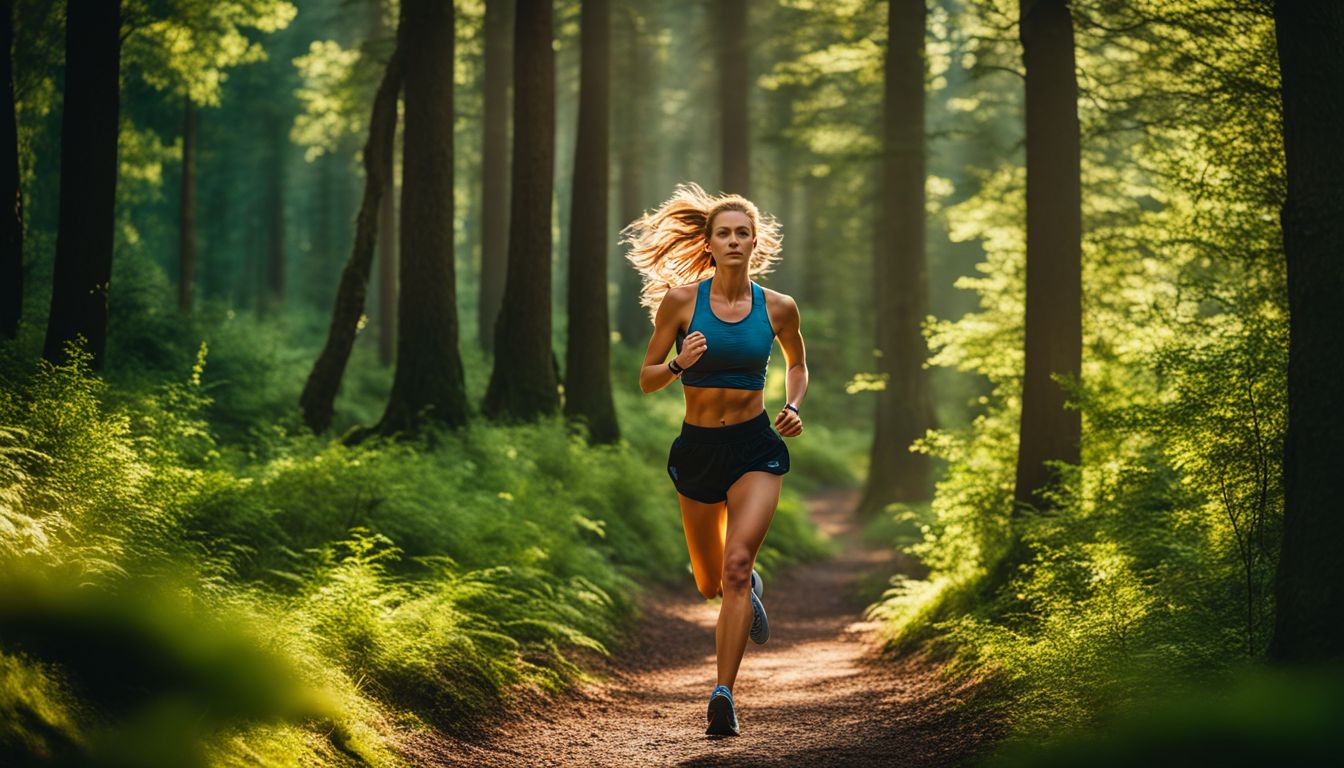 Een jogger rent door een levendig bos in verschillende outfits en gezichten.