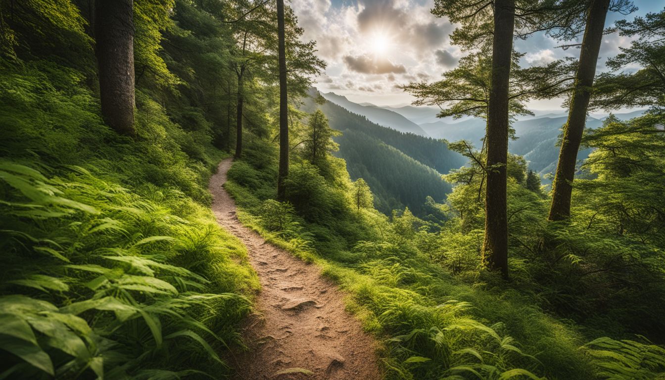 Een kronkelend wandelpad door levendige groene bossen, gefotografeerd op hoge resolutie.