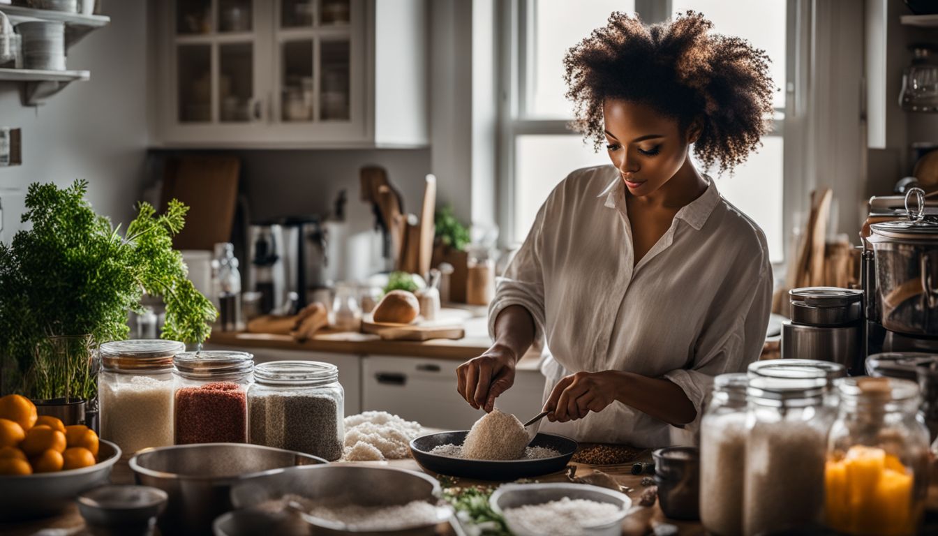 Een vrouw bereidt verschillende gerechten in de keuken omringd door ingrediënten.