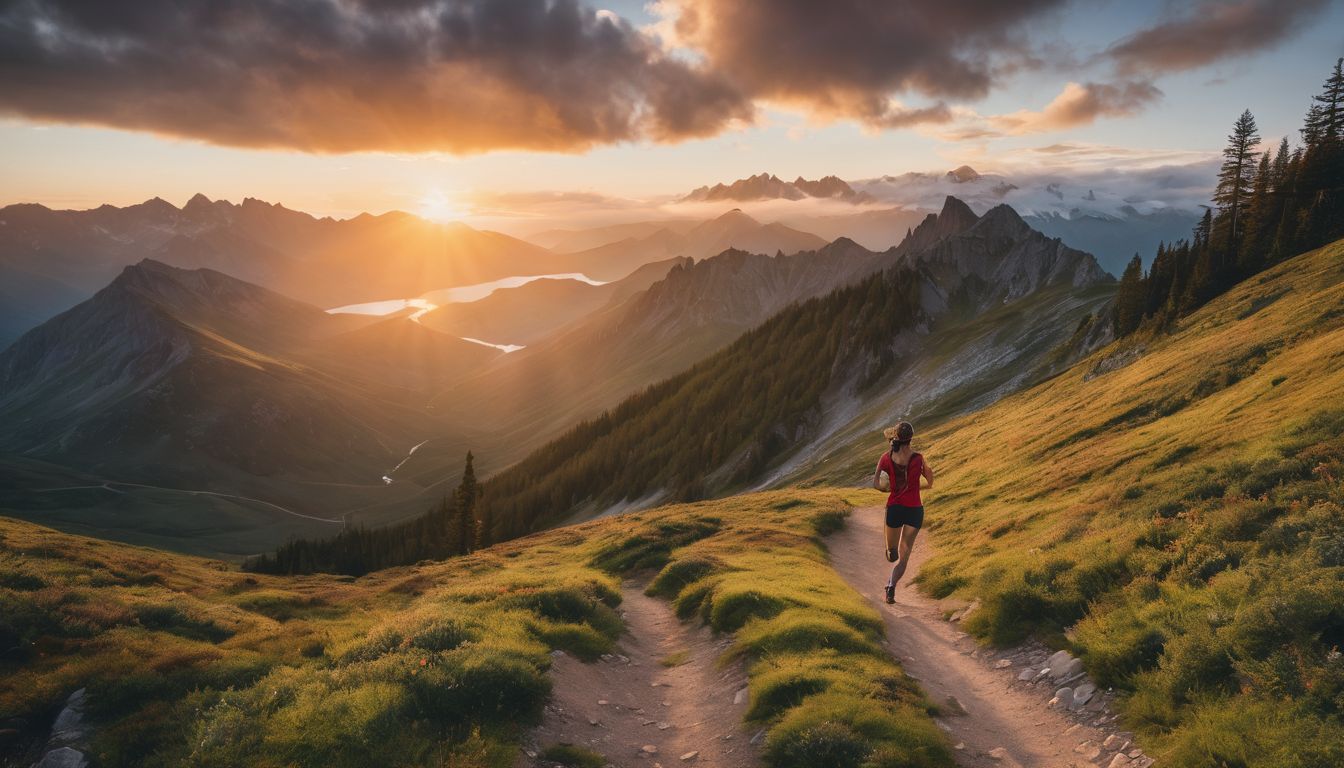 Een persoon rent op een schilderachtig bergpad bij zonsondergang.