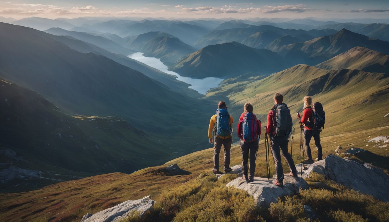 Een groep wandelaars geniet van het prachtige uitzicht op een bergtop.