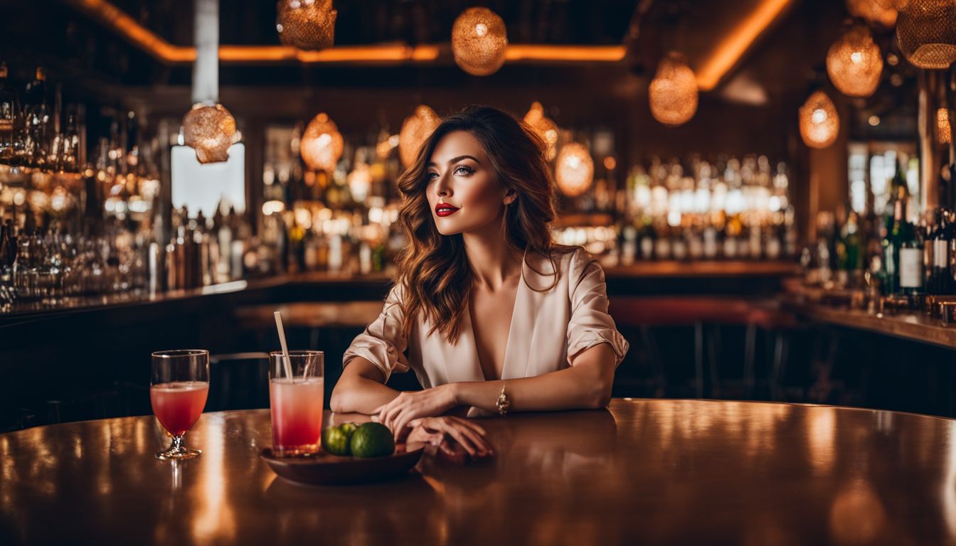 Een vrouw geniet van een mocktail in een stijlvolle bar met trendy decor.