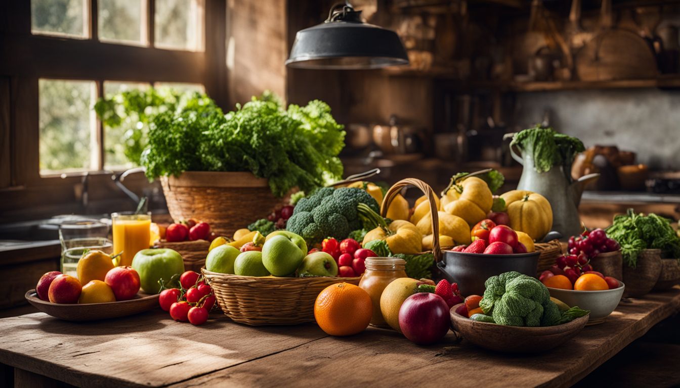 Een foto van diverse verse fruit- en groentesoorten op een rustieke houten tafel in een zonovergoten keuken.